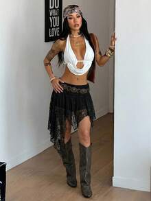 Coolane Trang phục thường ngày phong cách đường phố, boho, vintage, kiểu Y2K dành cho nữ, thích hợp mặc đi biển, chất liệu ren, co giãn thoải mái, váy ngắn bất đối xứng, xếp ly, màu trắng. - màu đen - Xem 4