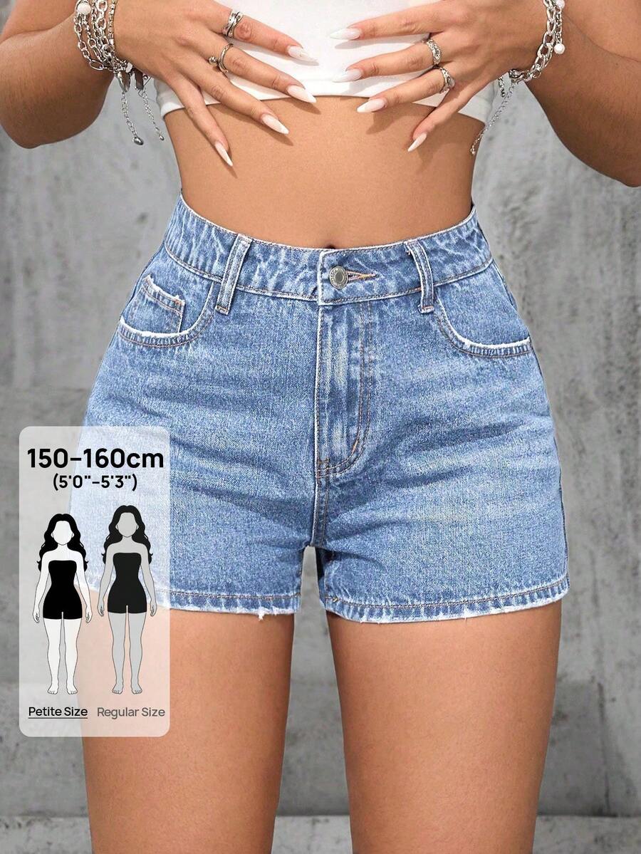 SHEIN PETITE Shorts vaqueros casuales y versátiles para uso diario y viajes, para verano - Lavado ligero - Ver 1