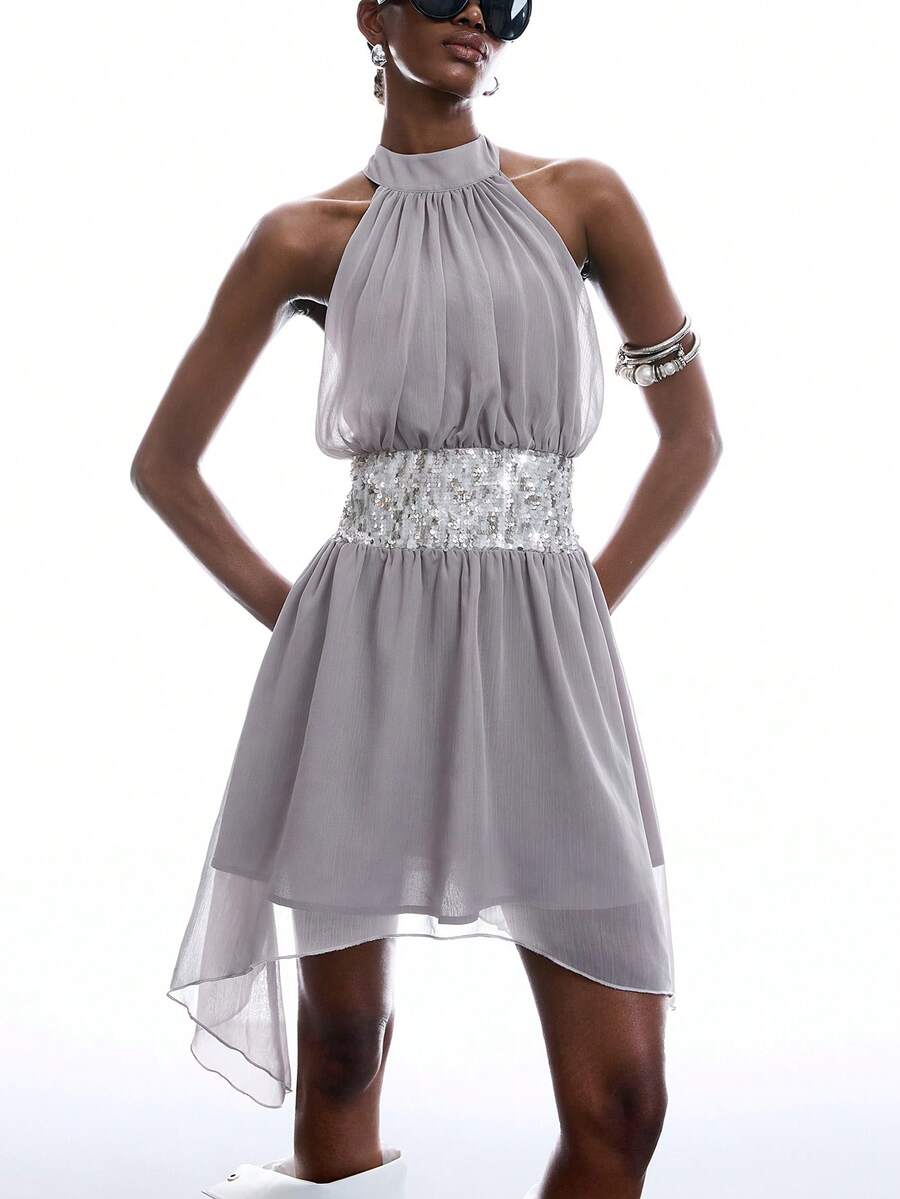 LYSMO 女士优雅褶皱亮片不对称下摆露背系带连衣裙 - 灰色 - 查看 1