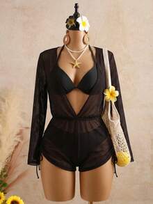 Swim Vcay Plus Size Textured Fabric Beach Cover-Up, Hollow Out Drawstring Side Jumpsuit - Black - View 7