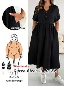 SHEIN CURVE+ 大码休闲度假黑色短袖连衣裙，适合春夏穿着 - 彩色 - 查看 1