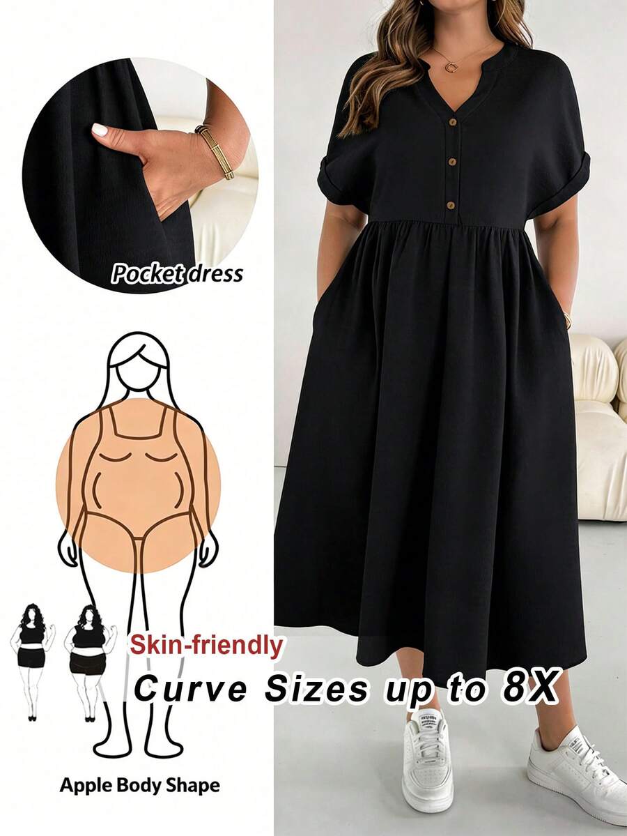 SHEIN CURVE+ 大码休闲度假黑色短袖连衣裙,适合春夏穿着 - 彩色 - 查看 1