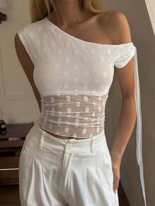 DAZY 女士波点网纱修身不对称肩部系带休闲度假夏季上衣 - 白色 - 查看 6