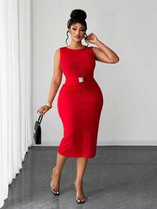 Maweii Plus Size Women's Red Summer Elegant Satin Party Dress,Sleeveless Boat Neck Ruched Waist Metal Button Mid-Length Bodycon Pencil Reception Outfit - Red - View 4
