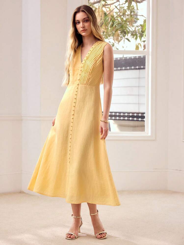 WOMEN'S 100% LINEN V-NECK SLEEVELESS MID-LENGTH DRESS, SUITABLE FOR DATES AND VACATIONS