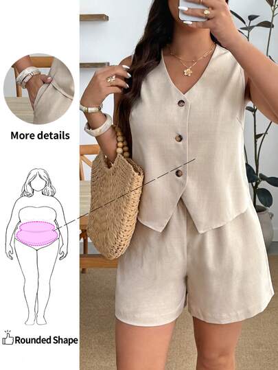 Enliva Bộ áo ba lỗ và quần short cỡ lớn dành cho nữ mùa hè, cạp chun, thiết kế thường ngày có túi, thoải mái và đa năng.