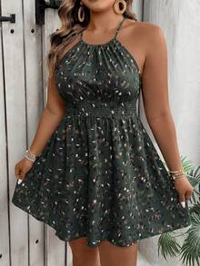 SHEIN Clasi 大码女式夏季度假印花腰部系带优雅连衣裙 - 軍綠色 - 查看 4