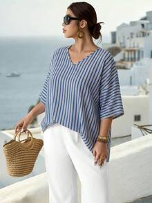 Parysyn 大码女式梭织休闲夏季衬衫 - 藍色 - 查看 6