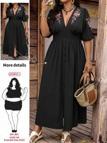 SHEIN CURVE+ 全新春夏大码女装系列，浪漫优雅休闲度假风刺绣黑色V领中长连衣裙，大码夏季连衣裙，大码女装连衣裙 - 黑色 - 查看 11
