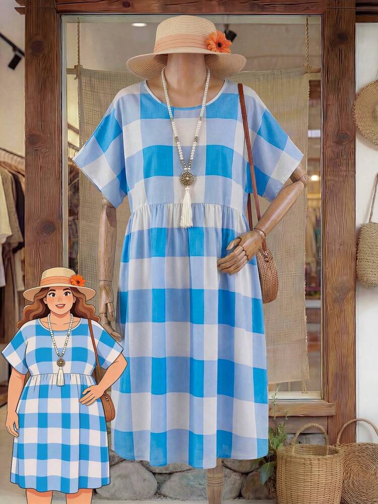 Plus Size Women Plaid Round Neck Short Sleeve Casual Dress Vacation Outfits Women Vacation Outfits For Women  Holiday Dresses Country Style For Women ,Plaid Dress Summer Outfits For Women Causal Dresses For Women Summer