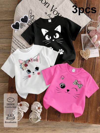 3 piezas Blusas casuales para niñas, primavera verano otoño, estampado chic y creativo de animales, leopardo, gato, negro, blanco, rosa, cómodo uso diario, estilos veraniegos acogedores, adecuado para conjuntos de primavera y verano de niñas