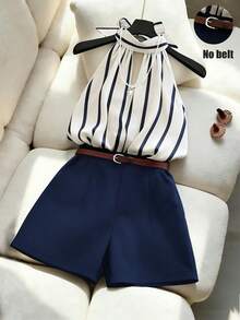 Airaco Top sin espalda con cuello de halter a rayas verticales azul y blanco + Pantalones cortos de pierna ancha azul marino, conjunto de 2 piezas para ir al trabajo - Azul Marino - Ver 4