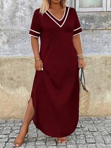 Breezaya Plus Size Women Striped V-Neck Short Sleeve Casual Dress - Burgundy - View 3