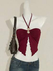 SHEIN ICON 修身金属装饰露背开衩下摆女式背心 - 酒紅色 - 查看 1