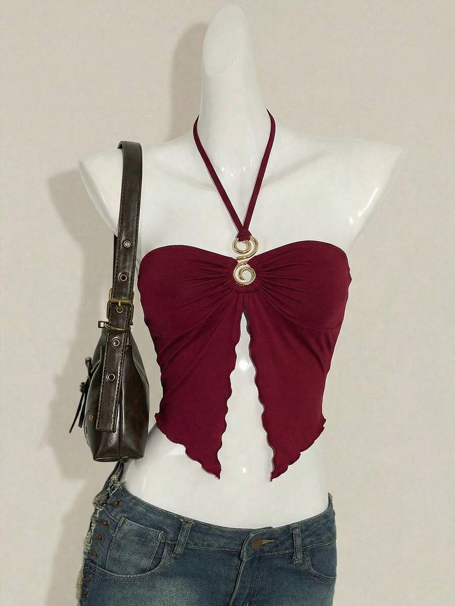 SHEIN ICON 修身金属装饰露背开衩下摆女式背心 - 酒紅色 - 查看 1