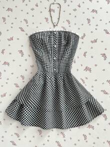 Elamini Áo hai dây lửng kẻ caro đen cho nữ, phối ren eo, ôm sát, thiết kế xếp ly đôi ở gấu váy, kiểu dáng retro gợi cảm ngọt ngào, thích hợp cho kỳ nghỉ biển. - màu đen - Xem 4