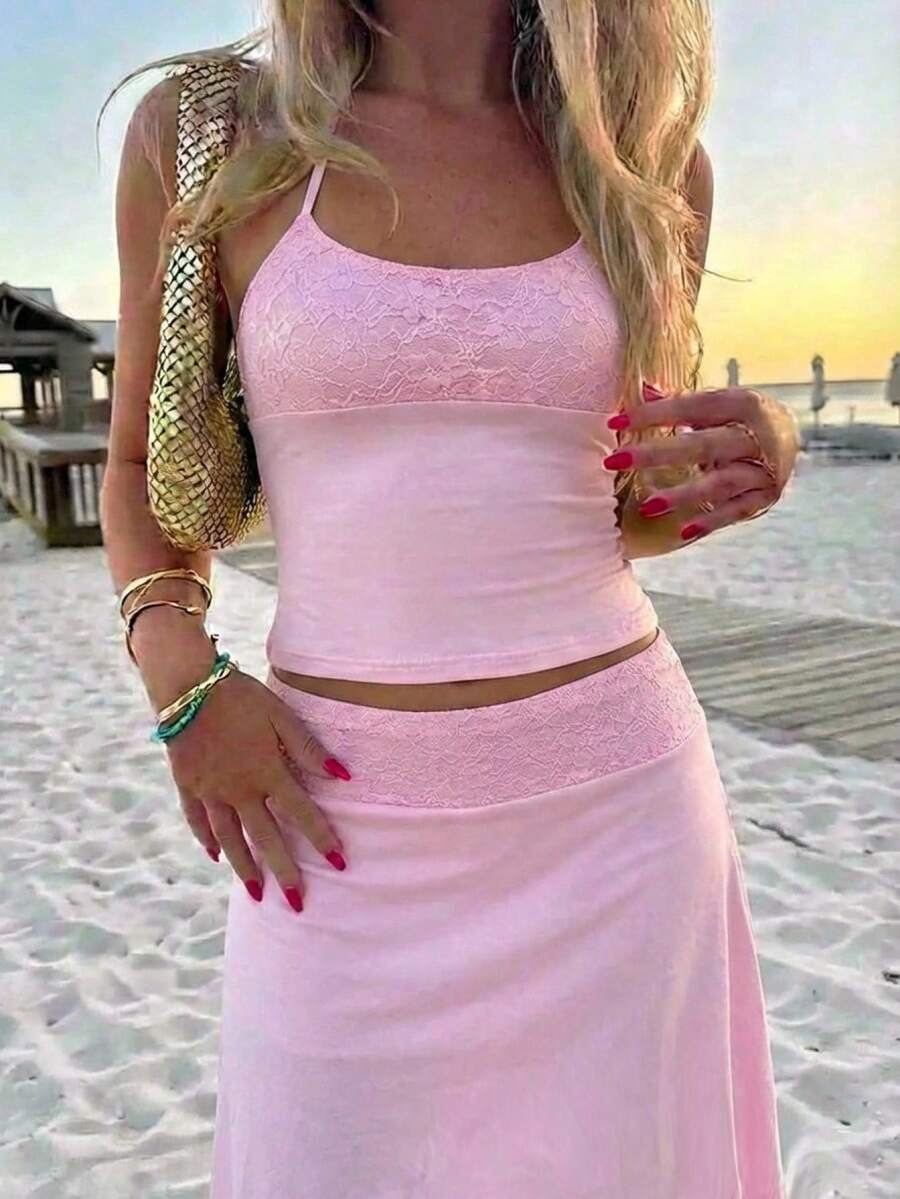 Aloruh 女士夏季沙滩度假撞色蕾丝露脐系带背心和迷你裙套装 - 粉色 - 查看 1
