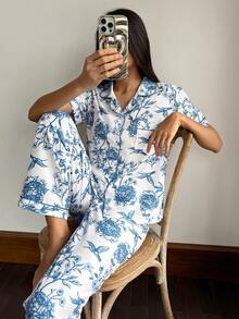 SHEIN Bubble Crinkle Bird Print Short Sleeve Pajama Set - White - View 5