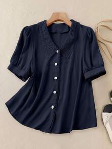 EMERY ROSE Plus Size Women's Solid Color Short Puff Sleeve Single-Breasted Casual Shirt - Navy Blue - View 1
