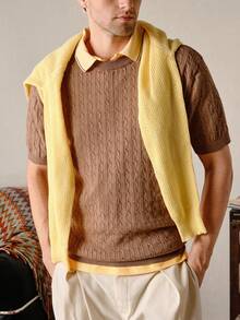 Brown Color Men's Casual Everyday Commute Solid Short Sleeve Cable Knit Sweater, Round Neck Camel, Autumn Old Money, With Rib-KnitFall Winter - Camel - View 4