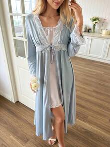 Snug Reverie Romantic Lace Patchwork V-Neck Long Cardigan With Flare Sleeves, Women Sleepwear - Mint Green - View 6