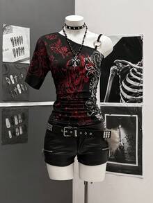 SHEIN Unity Camiseta de mujer con cuello asimétrico, ajustada, con pliegues y estampado de color contrastante en el hombro oblicuo - Negro - Ver 7