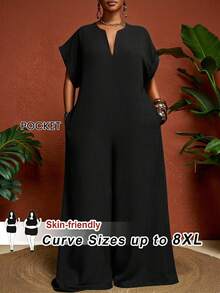 SHEIN CURVE+ Curve 尺码 US22 音乐节、海滨度假、波西米亚风 2026 女士新款夏季简约优雅复古 VL 领绿色短袖阔腿连体裤 - 黑色 - 查看 1