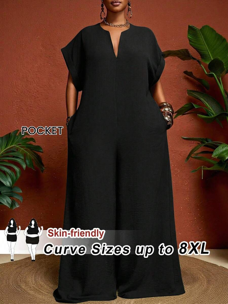 SHEIN CURVE+ Curve 尺码 US22 音乐节、海滨度假、波西米亚风 2026 女士新款夏季简约优雅复古 VL 领绿色短袖阔腿连体裤 - 黑色 - 查看 1