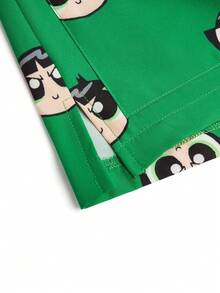 PopScrub THE POWERPUFF GIRLS X SHEIN Women's Energetic All-Over Print V-Neck Scrub Top, Fresh Green Cartoon Big Eye Print Nurse Uniform - Green - View 3