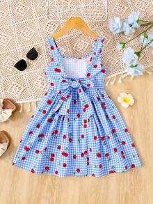 Vestido casual de verano con estampado de cuadros azules y cerezas, decorado con moño, para niñas jóvenes - Azul - Ver 2