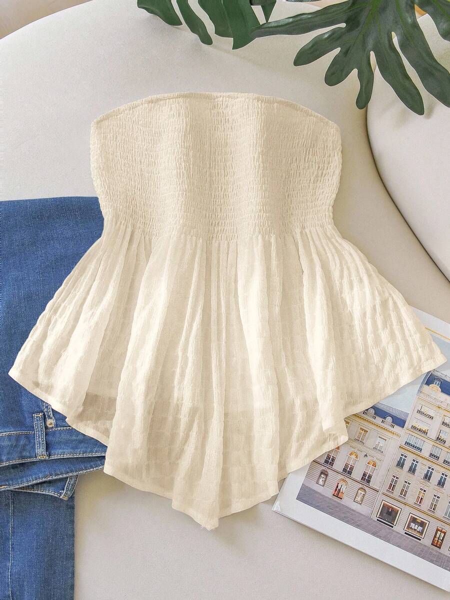 SHEIN Frenchy Plus Size Asymmetrical Hem Strapless White Casual Vacation Top, Suitable For Romantic Getaway, Beach Holiday - Apricot - View 1