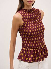 Nöista Áo không tay xếp ly in chấm bi, cổ cao và vạt peplum. Kiểu dáng ôm sát và tôn dáng với chất liệu có họa tiết, hoàn hảo cho mùa hè, trang phục mùa xuân và trang phục lễ Phục sinh. Lý tưởng cho phong cách thường ngày thanh lịch, trang phục đi nghỉ mát, dự tiệc và trang phục hàng ngày sang trọng. - Màu Đỏ Sâu - Xem 4