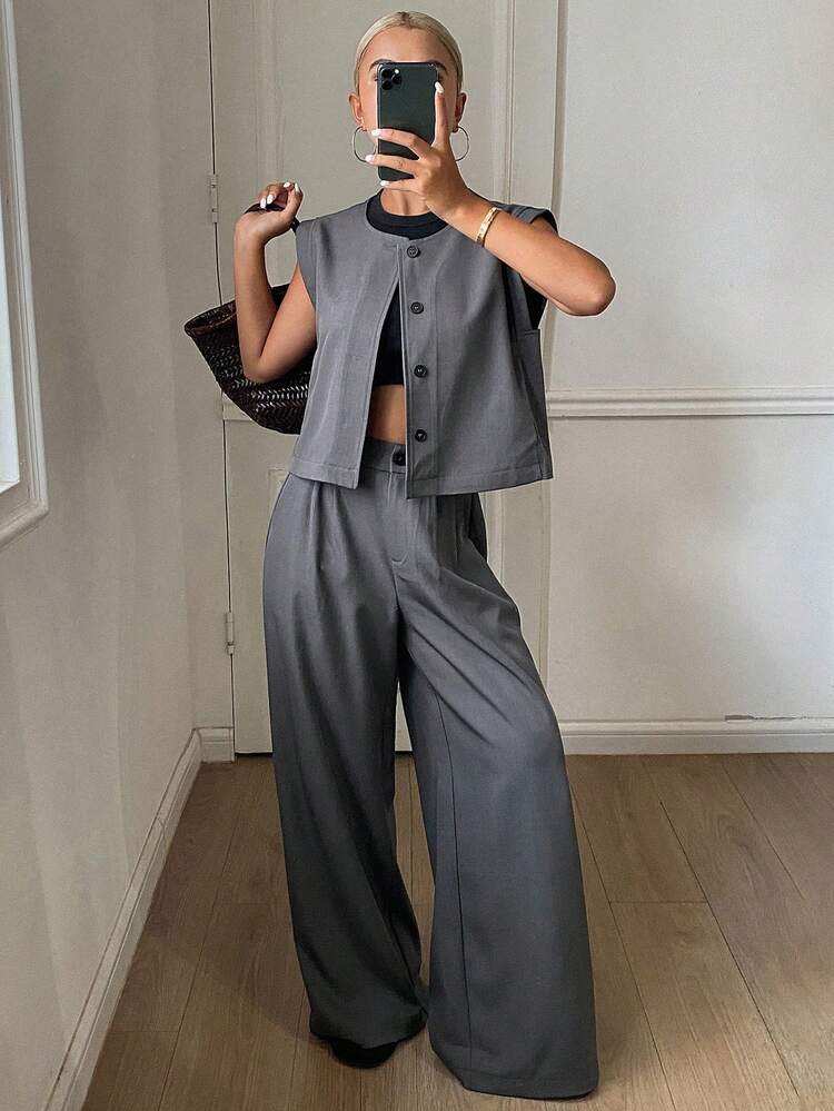 Women's Casual Commuting Solid Color Vest & Pants 2 Pieces Set