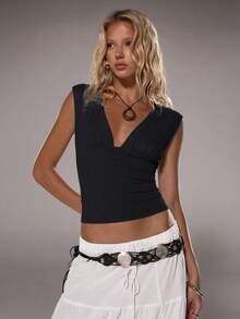 SHEIN Tall High-Cut Casual Versatile Deep V Slim Fit Black Tank Top For Women - Black - View 6