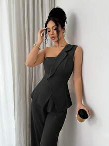 Top de camisola sin mangas con cuello alto con volantes, de línea A, de seda suave y satinada, de estilo francés romántico y vintage, elegante para la oficina, los negocios, la playa, el casual, versátil, para primavera/verano - Negro - Ver 7