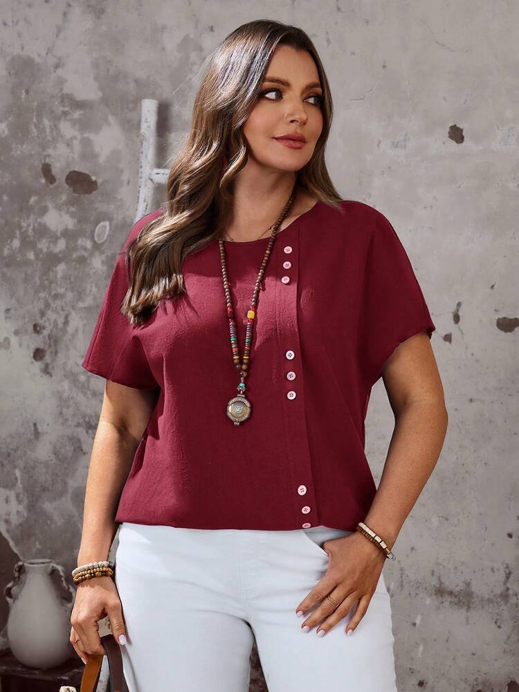 Plus Size Women's Summer Casual Vacation Country Round Neck Short Sleeve Button Decor Solid Color Red Blouse Shirt Top, Summer/Vacation,Holiday,Spring Break,Going Out,2026 New,Simple And Fashionable For Everyday Wear,Comfortable And Breathable,Vacation, Daily Wear, Festival Outfits For Women,Country Concert Outfit,Beach Outfits For Women,Western Style
