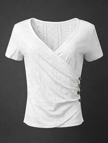 Selamara Camiseta ajustada de envolver de unicolor casual para mujer, verano - Negro - Ver 3