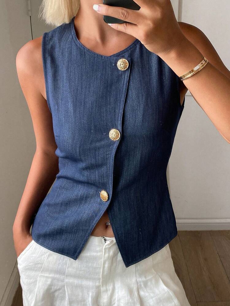 Women's Solid Color Oblique Collar Sleeveless Shirt, Elegant Summer Vacation Blouse