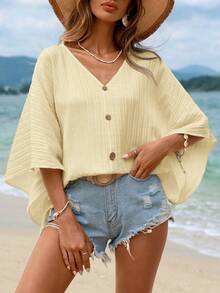 SHEIN VCAY Plus Size Textured Batwing Sleeve V-Neck Blouse Fall - Light Yellow - View 7