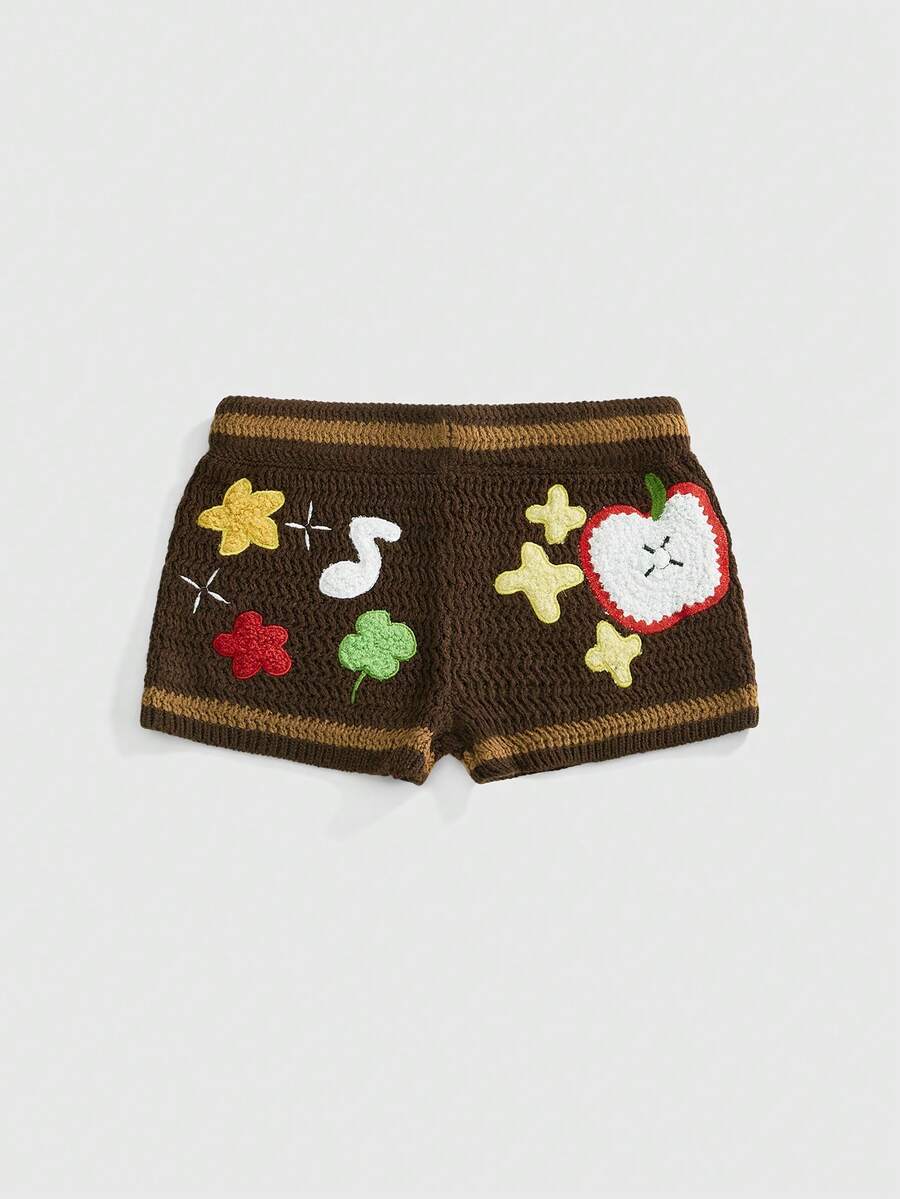 ROMWE Avant Women's Cute Apple Star Embroidered Contrast Color Super Low-Waist Mini Sweater Pants Travel Shades Of Brown Autumn - Brown - View 1
