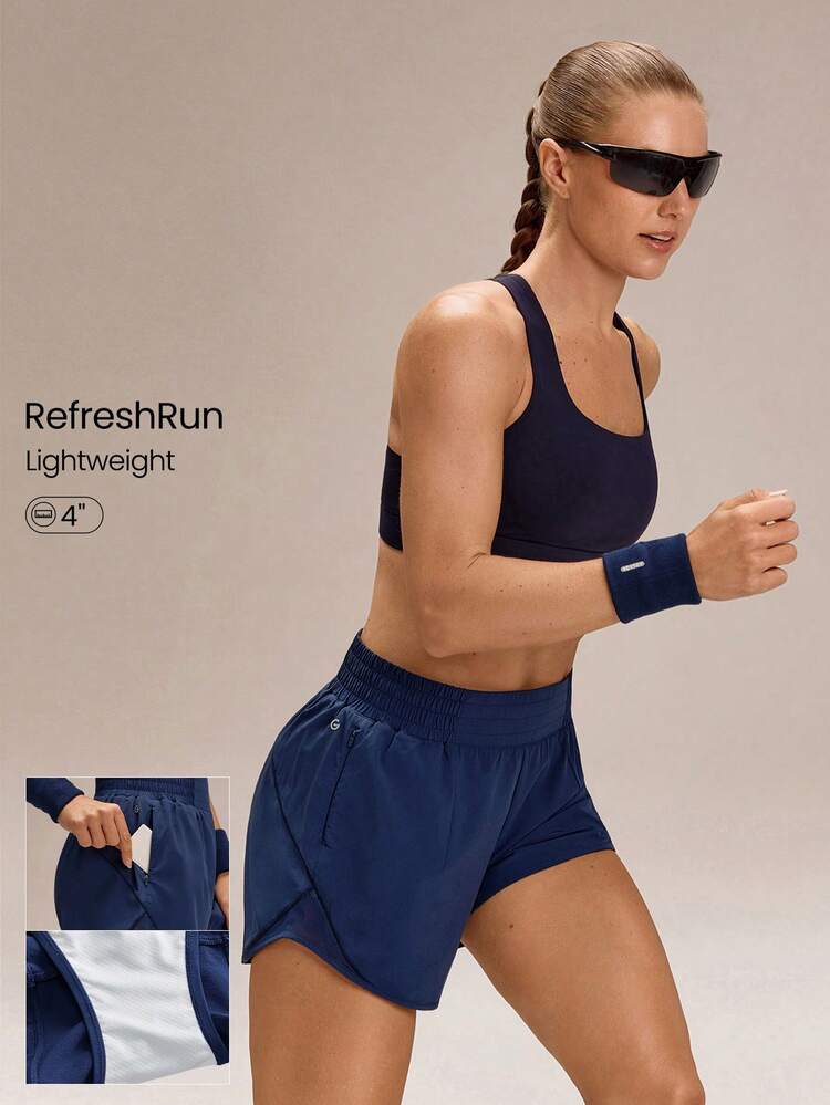 4" Pantalones cortos de running VitalSwift de cintura media con cordón, ultraligeros y de secado rápido, con reflectantes, bolsillo con cremallera y ropa interior antiolor incorporada para entrenamiento de alto impacto