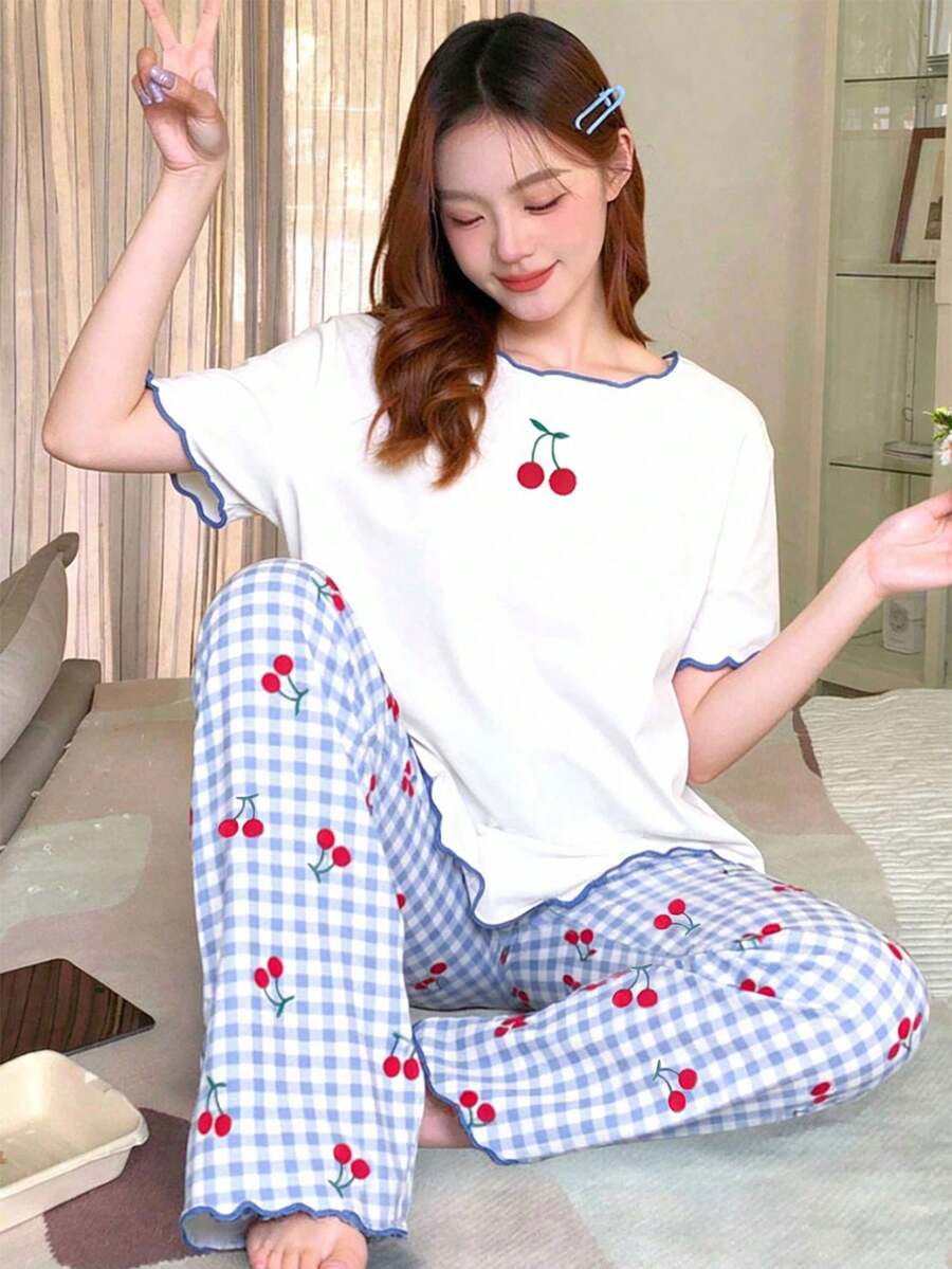 Conjunto de pijama de 2 piezas para niñas preadolescentes, blusa blanca con cuello redondo y volantes con estampado de cerezas y pantalones a cuadros, para todas las estaciones - Azul - Ver 1