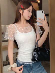 DAZY 女士波点网纱圆领插肩袖时尚衬衫 - 白色 - 查看 2