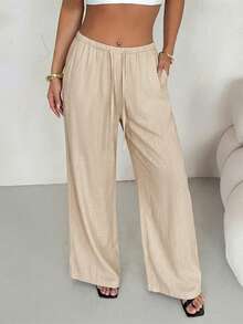 SHEIN PETITE Pantalones casuales de lino de cintura baja y pierna recta para mujer, adecuados para usar de vacaciones, primavera/verano - Albaricoque - Ver 3