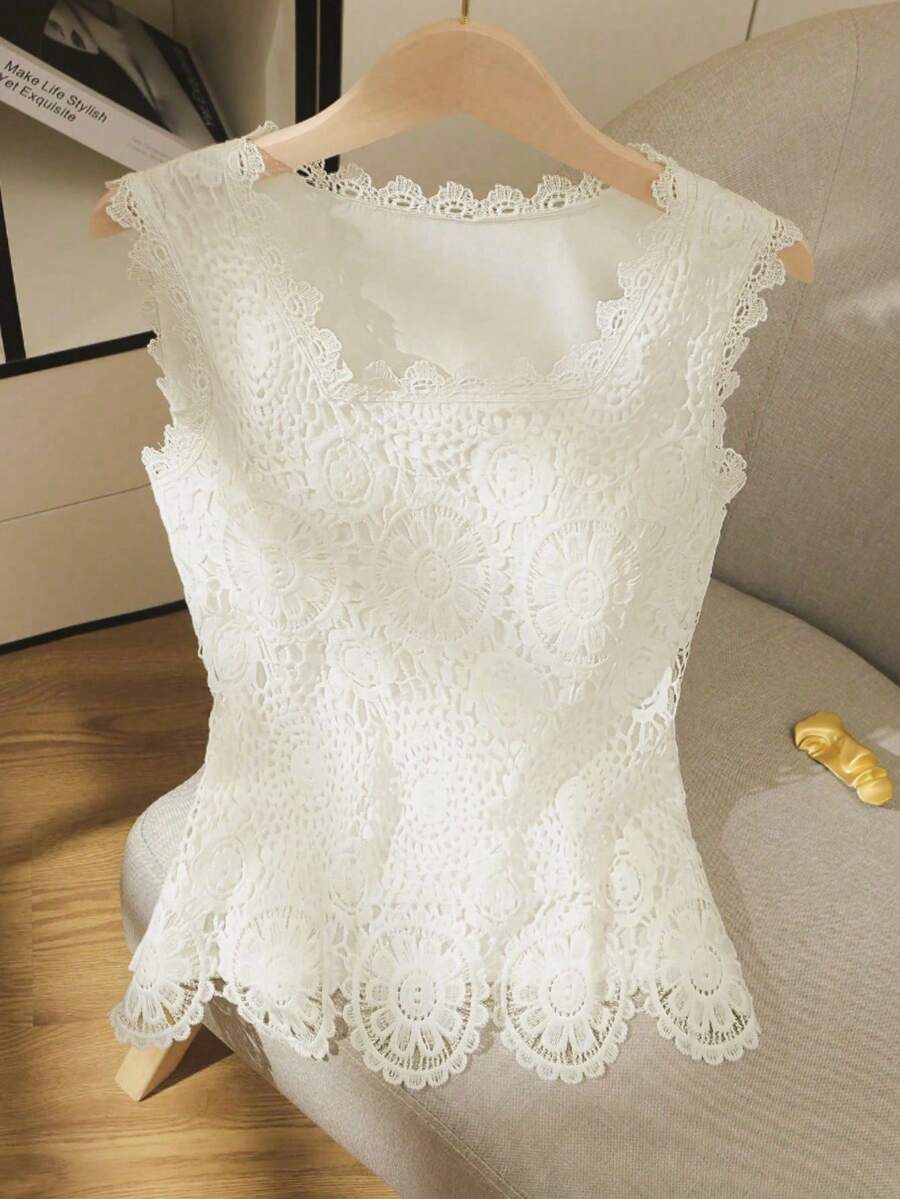 GlowEve Damen Häkel-Spitzen-Camisole, modisches, elegantes ärmelloses Blusen-Design - Aprikosenfarben - Übersicht 1