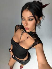 EgrlEra Sexy Lace Cutout Strap Design Women T-Shirt - Black - View 3