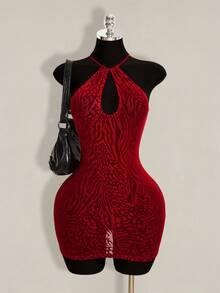 SHEIN ICON 女士豹纹植绒镂空迷你吊带连衣裙 - 櫻桃紅 - 查看 1