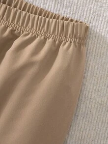 Elladie kids 青少年女孩純色泡泡袖單排扣襯衫與長褲休閒套裝 - 駝色 - 查看 4