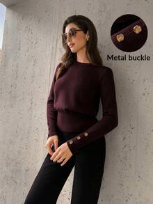 Firerie 女士新款酒红色圆领直筒袖收腰休闲金属纽扣针织衫，秋冬新款针织衫，短款毛衣，优雅日常通勤女士毛衣，简约基础款 - 中紫紅色 - 查看 8