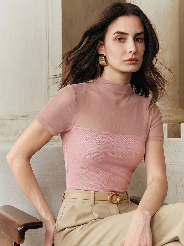 Anewsta Essential New Arrival Spring/Summer Elegant Fashion Casual Sheer Sexy Fitted Date Party Holiday Versatile Mesh Patchwork Short Sleeve Women T-Shirt Undershirt Top